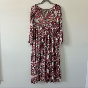 RAGA Pink Red Rose Floral Long Sleeve Tie Neck Boho Maxi Flowy Dress M